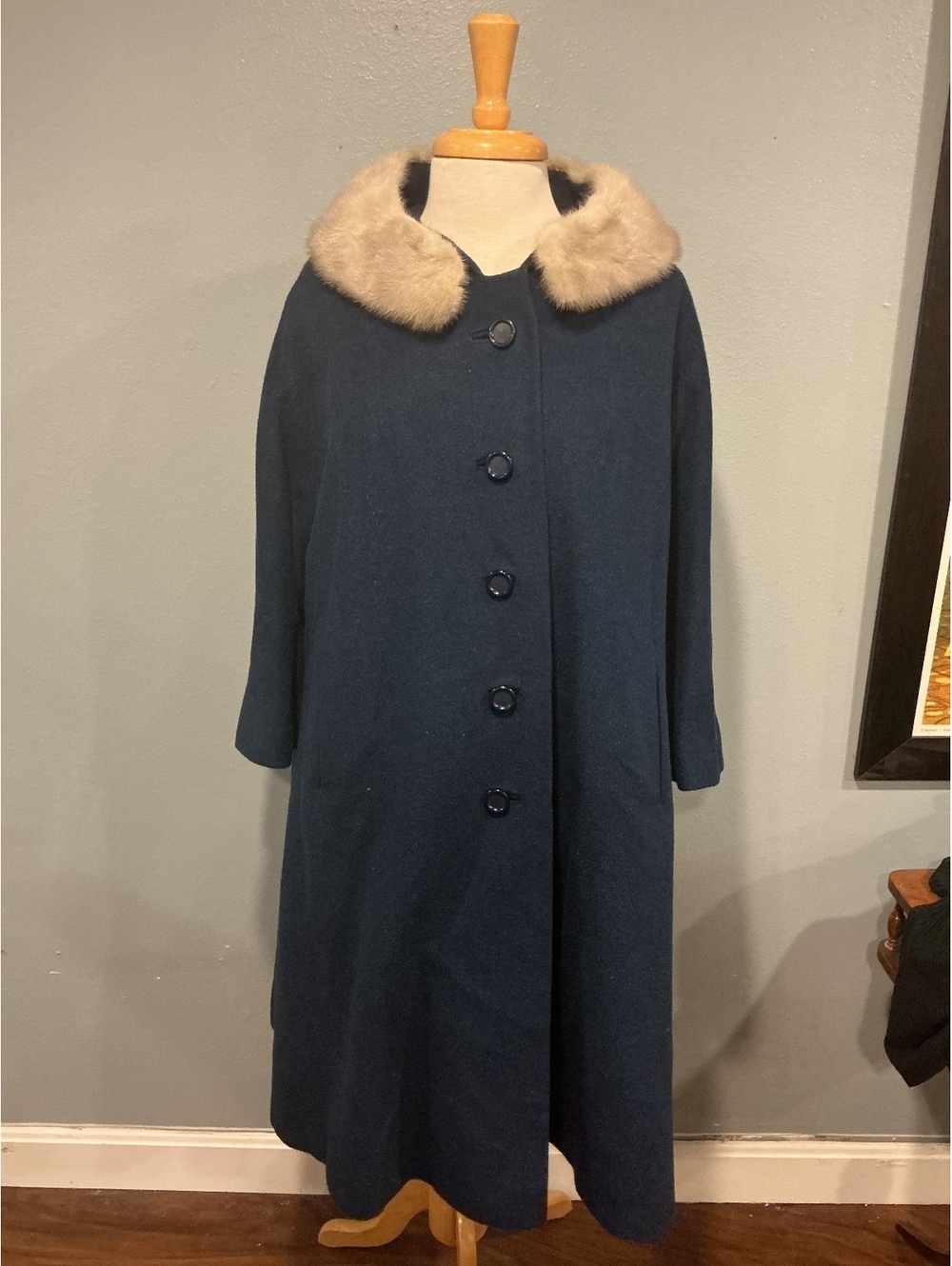 Vintage Navy Wool Swing Coat with Mink Fur Collar, J.E. Palmer Maine Union Tag